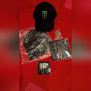 Monster Energy Black Bball Hat, Black Beanie, Wristband, Bandana And Keychain